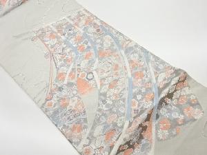 リサイクル　九百錦プラチナ箔几帳に草花・鶴・古典柄模様織出し袋帯